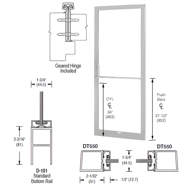 CRL-U.S. Aluminum Clear Anodized 250 Series Narrow Stile (RHR) HRSO Single 3'0 x 7'0 Offset Hung with Geared Hinged Complete Door Std. MS Lock & Bottom Rail