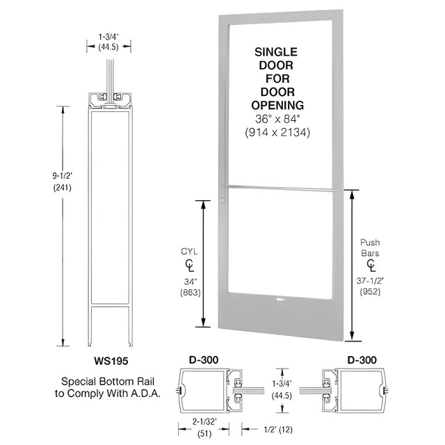 CRL-U.S. Aluminum Clear Anodized 250 Series Narrow Stile (RHR) HRSO Single 3'0 x 7'0 Center Hung for OHCC w/Standard Push Bars Complete Door Std. Lock and 9-1/2" Bottom Rail