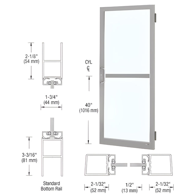 CRL-U.S. Aluminum Clear Anodized 250 Series Narrow Stile (RHR) HRSO Single 3'0 x 7'0 Offset Hung with Butt Hinges for Surf Mount Closer Complete Panic Door with Std. Panic and Bottom Rail