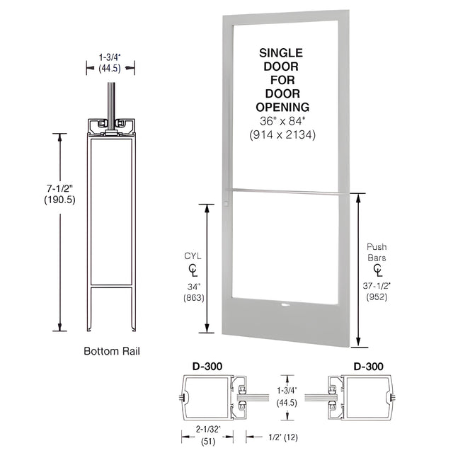 CRL-U.S. Aluminum Clear Anodized 250 Series Narrow Stile (RHR) HRSO Single 3'0 x 7'0 Center Hung for OHCC w/Standard Push Bars Complete Door/Std. MS Lock, 7-1/2" Std. Bottom Rail