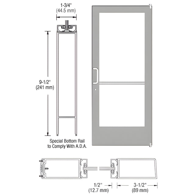 CRL-U.S. Aluminum Clear Anodized 400 Series Medium Stile Active Leaf of Pair 3'0 x 7'0 Offset Hung with Pivots for Surf Mount Closer Complete Door Std. Lock and 9-1/2" Bottom Rail for 1" Glass with Standard MS Lock and Bottom Rail