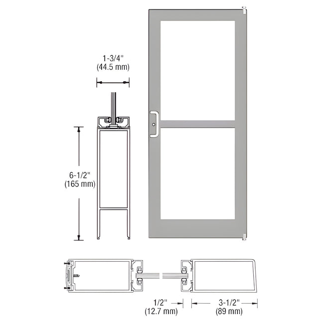 CRL-U.S. Aluminum Clear Anodized 400 Series Medium Stile Active Leaf of Pair 3'0 x 7'0 Offset Hung with Pivots for Surf Mount Closer Complete Panic Door for 1" Glass with Standard MS Lock and Bottom Rail