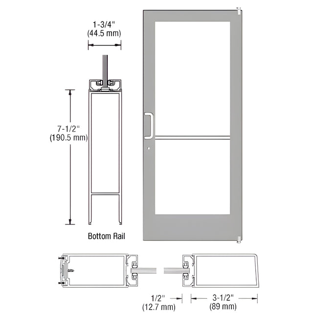 CRL-U.S. Aluminum Clear Anodized 400 Series Medium Stile Active Leaf of Pair 3'0 x 7'0 Offset Hung with Pivots for Surf Mount Closer Complete Door for 1" Glass with Standard MS Lock, 7-1/2" Standard Bottom Rail