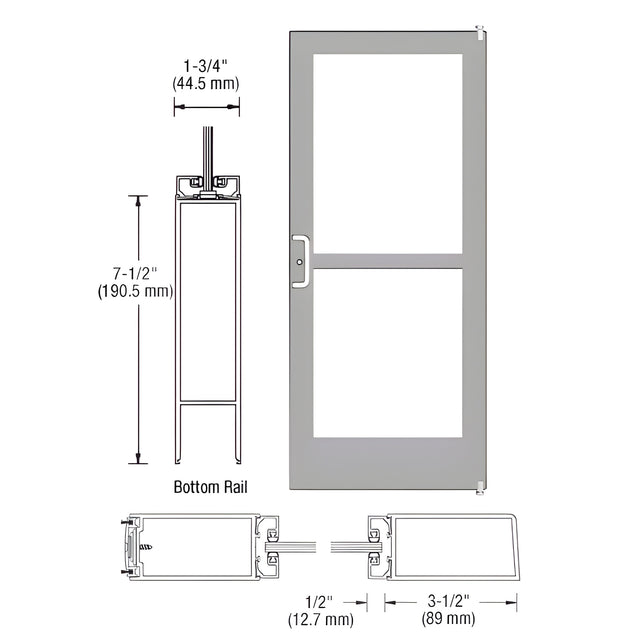 CRL-U.S. Aluminum Clear Anodized 400 Series Medium Stile Active Leaf of Pair 3'0 x 7'0 Offset Hung with Pivots for Surface Mount Closer Complete Panic Door with Standard Panic and 7-1/2" Bottom Rail - For 1" Glass