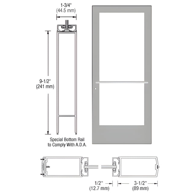 CRL-U.S. Aluminum Clear Anodized 400 Series Medium Stile Active Leaf of Pair 3'0 x 7'0 Center Hung for OHCC w/Standard Push Bars Complete ADA Door(s) with Lock Indicator, Cyl Guard