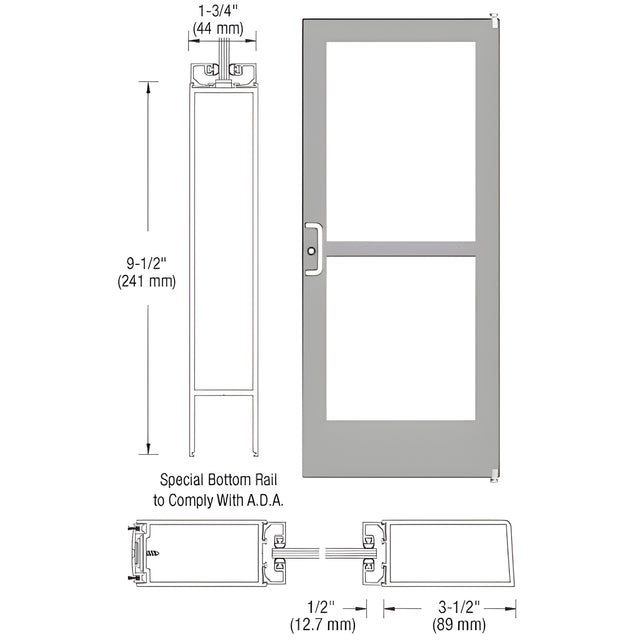 CRL-U.S. Aluminum Clear Anodized 400 Series Medium Stile Active Leaf of Pair 3'0 x 7'0 Offset Hung with Pivots for Surf Mount Closer Complete Panic Door with Std. Panic and 9-1/2" Bottom Rail