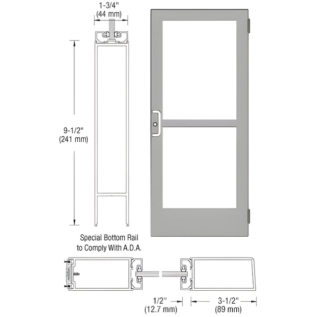 CRL-U.S. Aluminum Clear Anodized 400 Series Medium Stile Active Leaf of Pair 3'0 x 7'0 Offset Hung with Butt Hinges for Surf Mount Closer Complete Panic Door with Std. Panic and 9-1/2" Bottom Rail