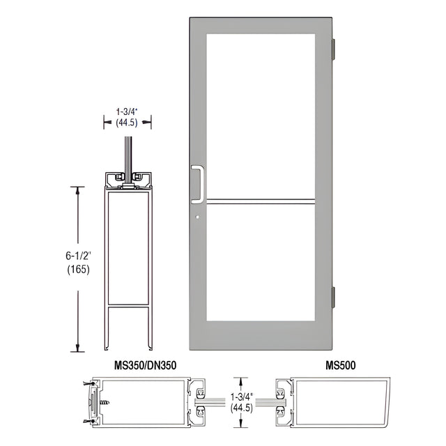 CRL-U.S. Aluminum Clear Anodized 400 Series Medium Stile Active Leaf of Pair 3'0 x 7'0 Offset Hung with Butt Hinges for Surf Mount Closer Complete Door Standard MS Lock and Bottom Rail