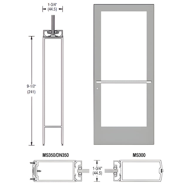 CRL-U.S. Aluminum Clear Anodized 400 Series Medium Stile Active Leaf of Pair 3'0 x 7'0 Center Hung for OHCC w/Standard Push Bars Complete Door Std. Lock & 9-1/2" Bottom Rail