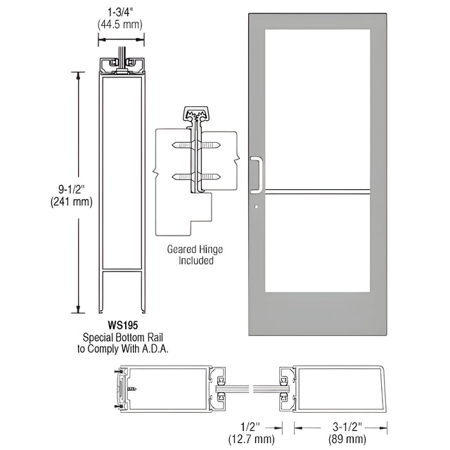 CRL-U.S. Aluminum Clear Anodized 400 Series Medium Stile Active Leaf of Pair 3'0 x 7'0 Offset Hung with Geared Hinged Complete Door Std. Lock and 9-1/2" Bottom Rail