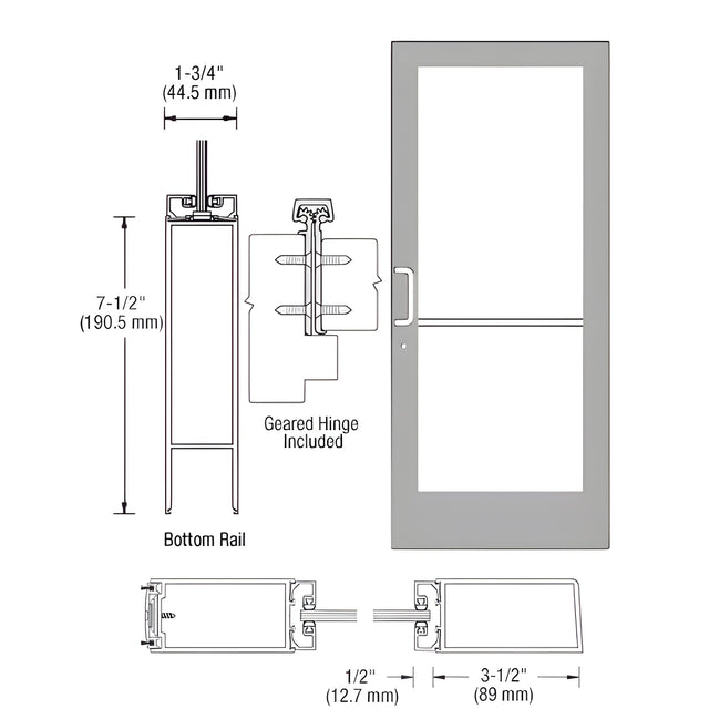 CRL-U.S. Aluminum Clear Anodized 400 Series Medium Stile Active Leaf of Pair 3'0 x 7'0 Offset Hung with Geared Hinged Complete Door/Std. MS Lock, 7-1/2" Std. Bottom Rail