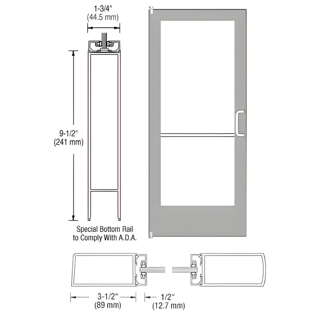 CRL-U.S. Aluminum Clear Anodized 400 Series Medium Stile Inactive Leaf of Pair 3'0 x 7'0 Offset Hung with Pivots for Surf Mount Closer Complete ADA Door for 1" Glass with Lock Indicator, Cylinder Guard