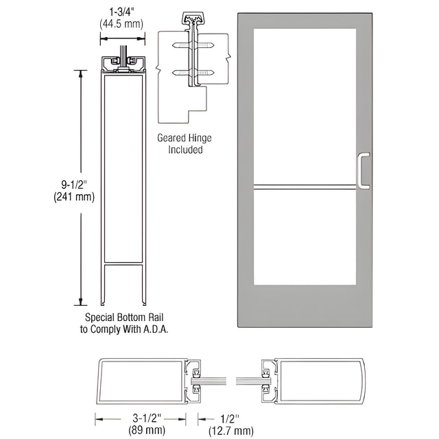 CRL-U.S. Aluminum Clear Anodized 400 Series Medium Stile Inactive Leaf of Pair 3'0 x 7'0 Offset Hung with Geared Hinged Complete ADA Door for 1" Glass with Lock Indicator, Cyl Guard