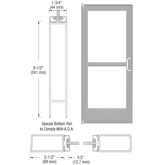 CRL-U.S. Aluminum Clear Anodized 400 Series Medium Stile Inactive Leaf of Pair 3'0 x 7'0 Offset Hung with Pivots for Surf Mount Closer Complete Panic Door for 1" Glass with Standard Panic and 9-1/2" Bottom Rail
