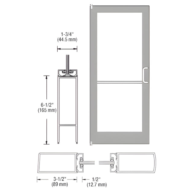 CRL-U.S. Aluminum Clear Anodized 400 Series Medium Stile Inactive Leaf of Pair 3'0 x 7'0 Offset Hung with Pivots for Surf Mount Closer Complete Door for 1" Glass with Standard MS Lock and Bottom Rail