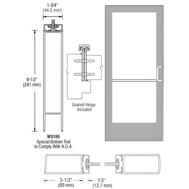 CRL-U.S. Aluminum Clear Anodized 400 Series Medium Stile Inactive Leaf of Pair 3'0 x 7'0 Offset Hung with Geared Hinged Complete Door for 1" Glass with Standard MS Lock and Bottom Rail