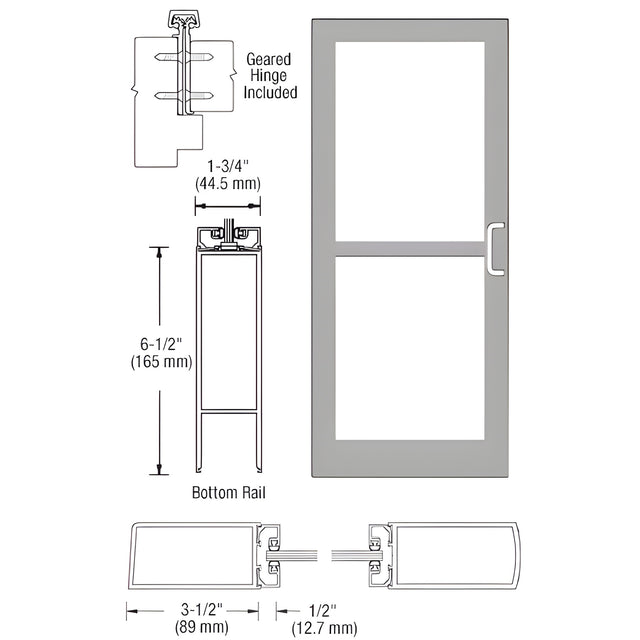 CRL-U.S. Aluminum Clear Anodized 400 Series Medium Stile Inactive Leaf of Pair 3'0 x 7'0 Offset Hung with Geared Hinged Complete Panic Door for 1" Glass with Standard Panic and Bottom Rail