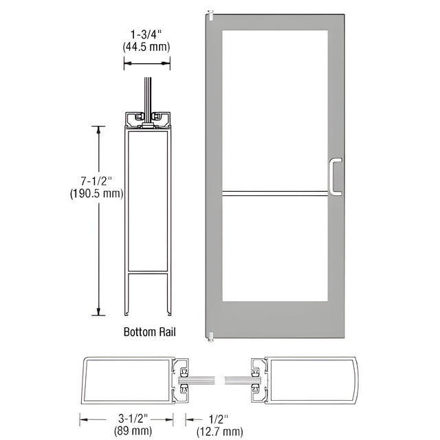 CRL-U.S. Aluminum Clear Anodized 400 Series Medium Stile Inactive Leaf of Pair 3'0 x 7'0 Offset Hung with Pivots for Surf Mount Closer Complete Door for 1" Glass with Standard MS Lock, 7-1/2" Standard Bottom Rail