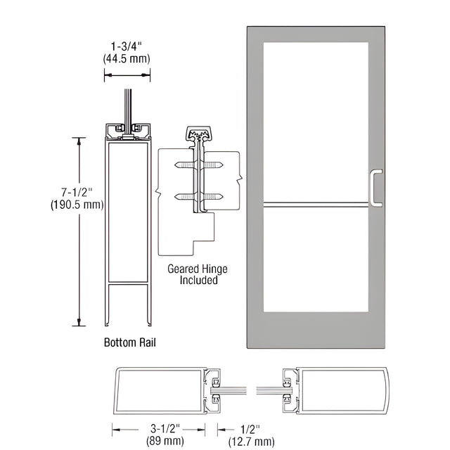 CRL-U.S. Aluminum Clear Anodized 400 Series Medium Stile Inactive Leaf of Pair 3'0 x 7'0 Offset Hung with Geared Hinged Complete Door for 1" Glass with Standard MS Lock, 7-1/2" Standard Bottom Rail