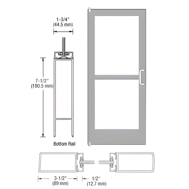 CRL-U.S. Aluminum Clear Anodized 400 Series Medium Stile Inactive Leaf of Pair 3'0 x 7'0 Offset Hung with Pivots for Surface Mount Closer Complete Panic Door for 1" Glass with Standard Panic and 7-1/2" Bottom Rail
