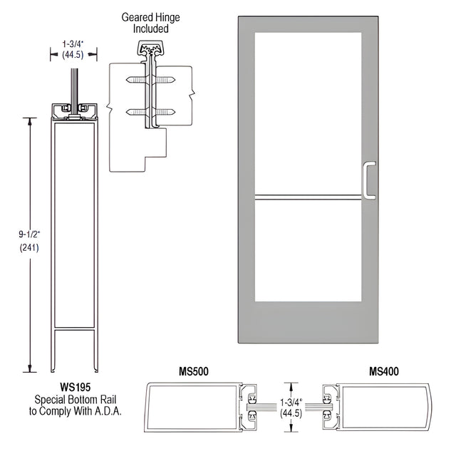CRL-U.S. Aluminum Clear Anodized 400 Series Medium Stile Inactive Leaf of Pair 3'0 x 7'0 Offset Hung with Geared Hinged Complete ADA Door for 1/4" Glass with Lock Indicator, Cylinder Guard