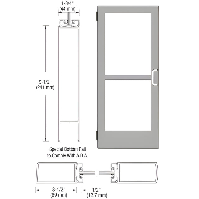 CRL-U.S. Aluminum Clear Anodized 400 Series Medium Stile Inactive Leaf of Pair 3'0 x 7'0 Offset Hung with Butt Hinges for Surf Mount Closer Complete Panic Door with Std. Panic and 9-1/2" Bottom Rail