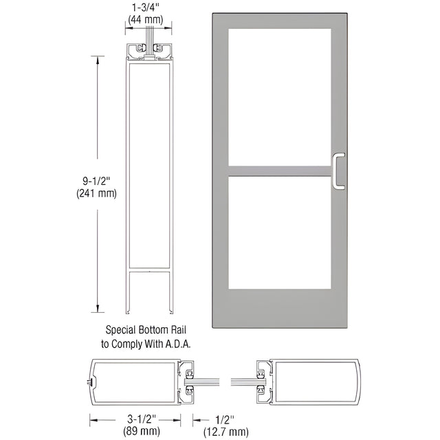 CRL-U.S. Aluminum Clear Anodized 400 Series Medium Stile Inactive Leaf of Pair 3'0 x 7'0 Center Hung for OHCC w/Standard Push Bars Complete Panic Door with Std. Panic and 9-1/2" Bottom Rail