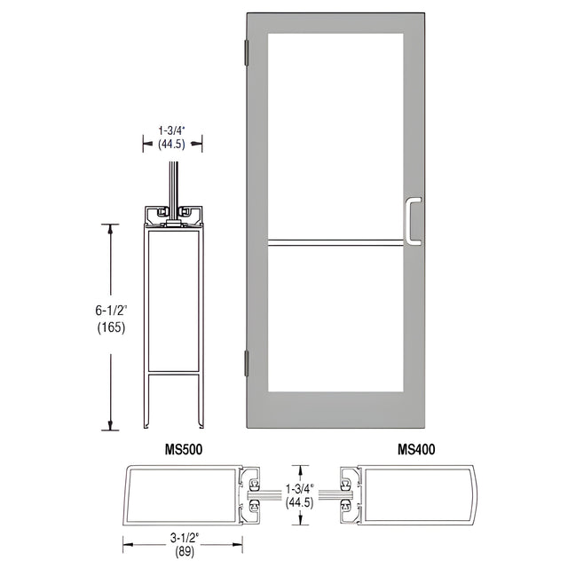 CRL-U.S. Aluminum Clear Anodized 400 Series Medium Stile Inactive Leaf of Pair 3'0 x 7'0 Offset Hung with Butt Hinges for Surf Mount Closer Complete Door Standard MS Lock and Bottom Rail