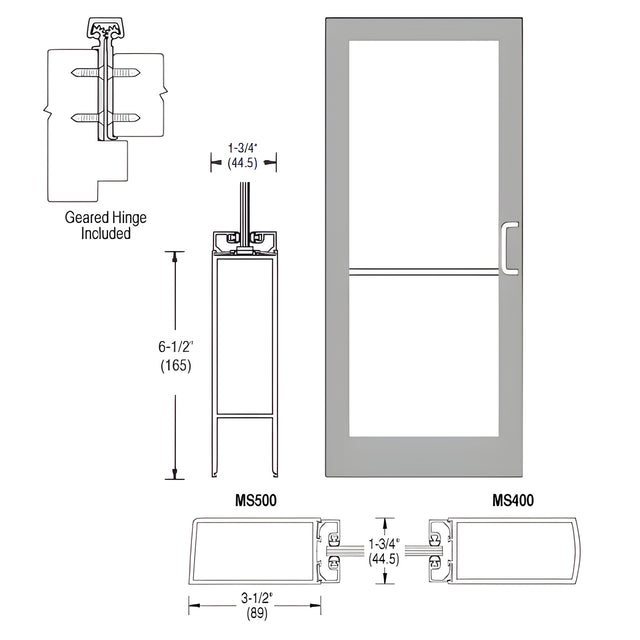 CRL-U.S. Aluminum Clear Anodized 400 Series Medium Stile Inactive Leaf of Pair 3'0 x 7'0 Offset Hung with Geared Hinged Complete Door Std. MS Lock & Bottom Rail