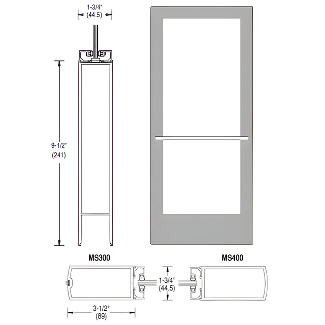 CRL-U.S. Aluminum Clear Anodized 400 Series Medium Stile Inactive Leaf of Pair 3'0 x 7'0 Center Hung for OHCC w/Standard Push Bars Complete Door Std. Lock & 9-1/2" Bottom Rail