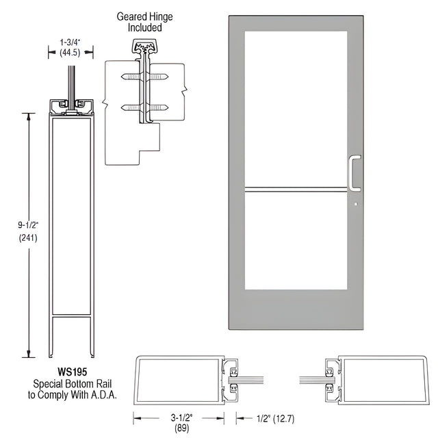 CRL-U.S. Aluminum Clear Anodized 400 Series Medium Stile (LHR) HLSO Single 3'0 x 7'0 Offset Hung with Geared Hinged Complete ADA Door for 1" Glass with Lock Indicator, Cylinder Guard