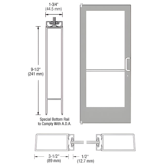 CRL-U.S. Aluminum Clear Anodized 400 Series Medium Stile (LHR) HLSO Single 3'0 x 7'0 Offset Hung with Pivots for Surf Mount Closer Complete Door Std. Lock and 9-1/2" Bottom Rail for 1" Glass with Standard MS Lock and Bottom Rail