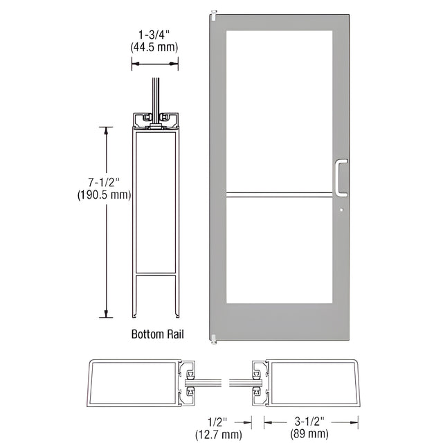 CRL-U.S. Aluminum Clear Anodized 400 Series Medium Stile (LHR) HLSO Single 3'0 x 7'0 Offset Hung with Pivots for Surf Mount Closer Complete Door for 1" Glass with Standard MS Lock, 7-1/2" Standard Bottom Rail