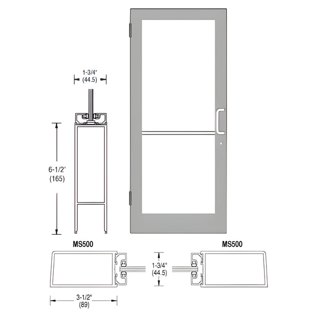 CRL-U.S. Aluminum Clear Anodized 400 Series Medium Stile (LHR) HLSO Single 3'0 x 7'0 Offset Hung with Butt Hinges for Surf Mount Closer Complete Door Std. MS Lock & Bottom Rail