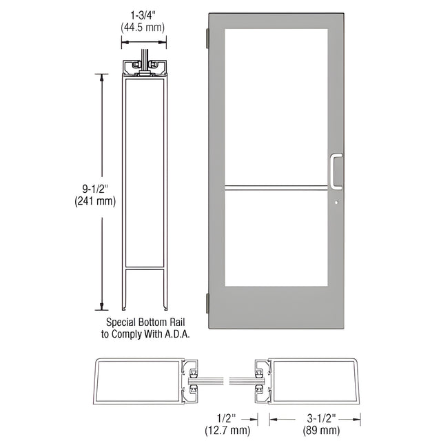 CRL-U.S. Aluminum Clear Anodized 400 Series Medium Stile (LHR) HLSO Single 3'0 x 7'0 Offset Hung with Butt Hinges for Surf Mount Closer Complete Door Std. Lock & 9-1/2" Bottom Rail