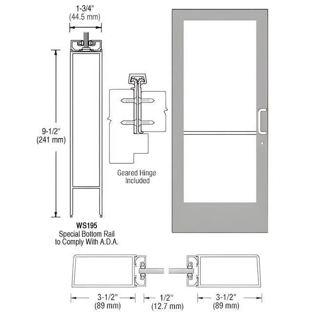 CRL-U.S. Aluminum Clear Anodized 400 Series Medium Stile (LHR) HLSO Single 3'0 x 7'0 Offset Hung with Geared Hinged Complete Door Std. Lock & 9-1/2" Bottom Rail