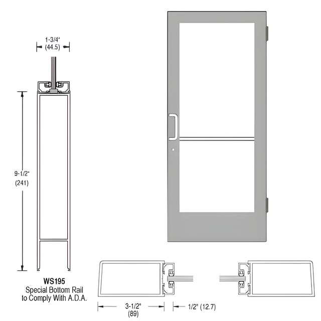 CRL-U.S. Aluminum Clear Anodized 400 Series Medium Stile (RHR) HRSO Single 3'0 x 7'0 Offset Hung with Butt Hinges for Surface Mount Closer Complete ADA Door for 1" Glass with Lock Indicator, Cylinder Guard