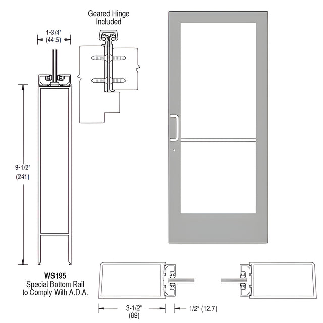 CRL-U.S. Aluminum Clear Anodized 400 Series Medium Stile (RHR) HRSO Single 3'0 x 7'0 Offset Hung with Geared Hinged Complete ADA Door for 1" Glass with Lock Indicator, Cyl Guard