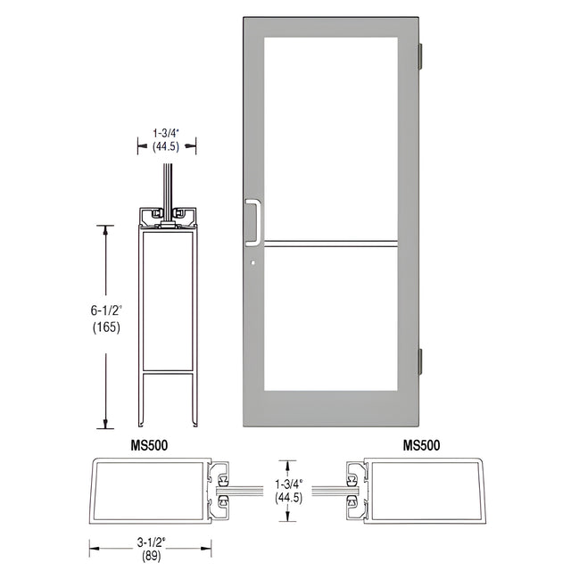 CRL-U.S. Aluminum Clear Anodized 400 Series Medium Stile (RHR) HRSO Single 3'0 x 7'0 Offset Hung with Butt Hinges for Surf Mount Closer Complete Door Std. MS Lock & Bottom Rail