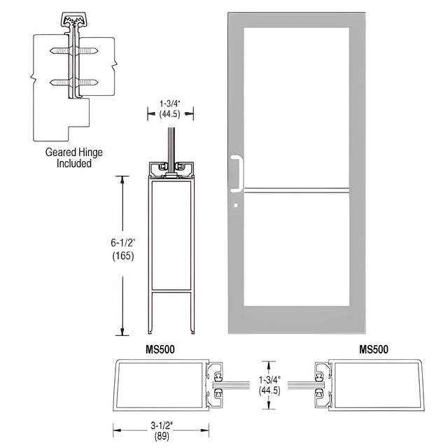 CRL-U.S. Aluminum Clear Anodized 400 Series Medium Stile (RHR) HRSO Single 3'0 x 7'0 Offset Hung with Geared Hinged Complete Door Std. MS Lock & Bottom Rail