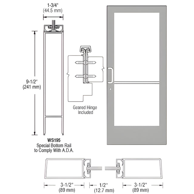 CRL-U.S. Aluminum Clear Anodized 400 Series Medium Stile (RHR) HRSO Single 3'0 x 7'0 Offset Hung with Geared Hinged Complete Door Std. Lock & 9-1/2" Bottom Rail