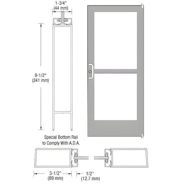 CRL-U.S. Aluminum Clear Anodized 400 Series Medium Stile Right Hand Reverse HRSO Single 3'0 x 7'0 Offset Hung with Pivots for Surface Mount Closer Complete Panic Door for 1" Glass with Standard Panic and 9-1/2" Bottom Rail