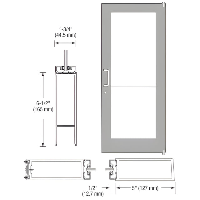 CRL-U.S. Aluminum Clear Anodized 550 Series Wide Stile Active Leaf of Pair 3'0 x 7'0 Offset Hung with Pivots for Surf Mount Closer Complete Door for 1" Glass with Standard MS Lock and Bottom Rail