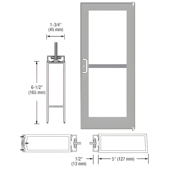 CRL-U.S. Aluminum Clear Anodized 550 Series Wide Stile Active Leaf of Pair 3'0 x 7'0 Offset Hung with Pivots for Surf Mount Closer Complete Panic Door for 1" Glass with Standard Panic and Bottom Rail