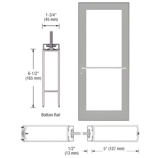 CRL-U.S. Aluminum Clear Anodized 550 Series Wide Stile Active Leaf of Pair 3'0 x 7'0 Center Hung for OHCC with Standard Push Bars Complete Door Std. MS Lock and Bottom Rail