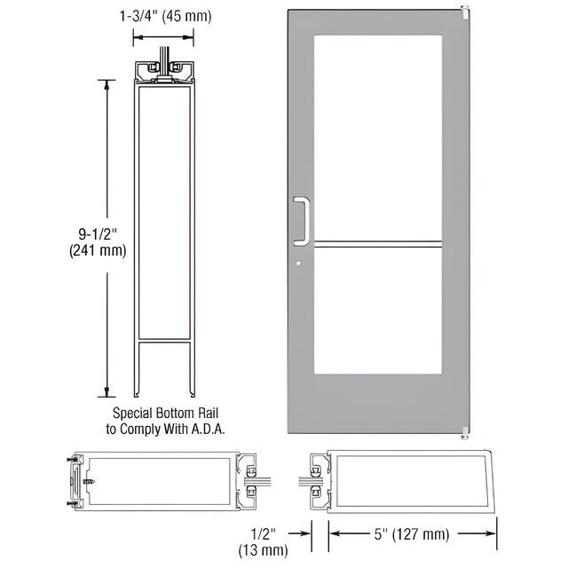 CRL-U.S. Aluminum Clear Anodized 550 Series Wide Stile Active Leaf of Pair 3'0 x 7'0 Offset Hung with Pivots for Surf Mount Closer Complete Door Std. Lock and 9-1/2" Bottom Rail