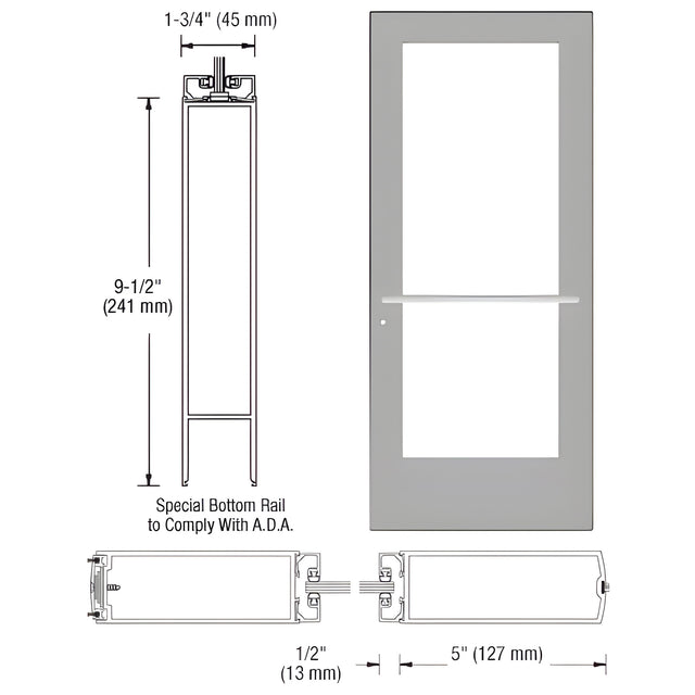 CRL-U.S. Aluminum Clear Anodized 550 Series Wide Stile Active Leaf of Pair 3'0 x 7'0 Center Hung for OHCC w/Standard Push Bars Complete Door Std. Lock and 9-1/2" Bottom Rail