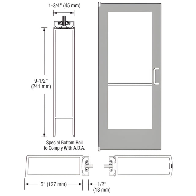 CRL-U.S. Aluminum Clear Anodized 550 Series Wide Stile Inactive Leaf of Pair 3'0 x 7'0 Offset Hung with Pivots for Surf Mount Closer Complete ADA Door for 1" Glass with Lock Indicator, Cylinder Guard