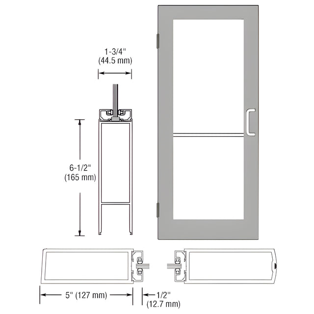 CRL-U.S. Aluminum Clear Anodized 550 Series Wide Stile Inactive Leaf of Pair 3'0 x 7'0 Offset Hung with Butt Hinges for Surf Mount Closer Complete Door for 1" Glass with Standard MS Lock and Bottom Rail