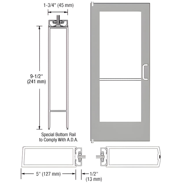CRL-U.S. Aluminum Clear Anodized 550 Series Wide Stile Inactive Leaf of Pair 3'0 x 7'0 Offset Hung with Pivots for Surf Mount Closer Complete Door Std. Lock and 9-1/2" Bottom Rail for 1" Glass with Standard MS Lock and Bottom Rail